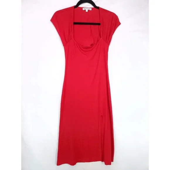Reformation Harlyn Knit Dress Size Small Midi Leg Slit Cap Sleeve Red Open  Back
